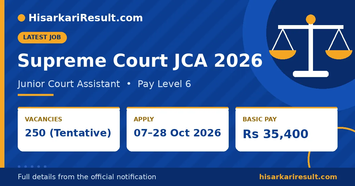 Supreme Court Junior Court Assistant 2026 banner: 250 tentative vacancies, apply 07 to 28 October 2026